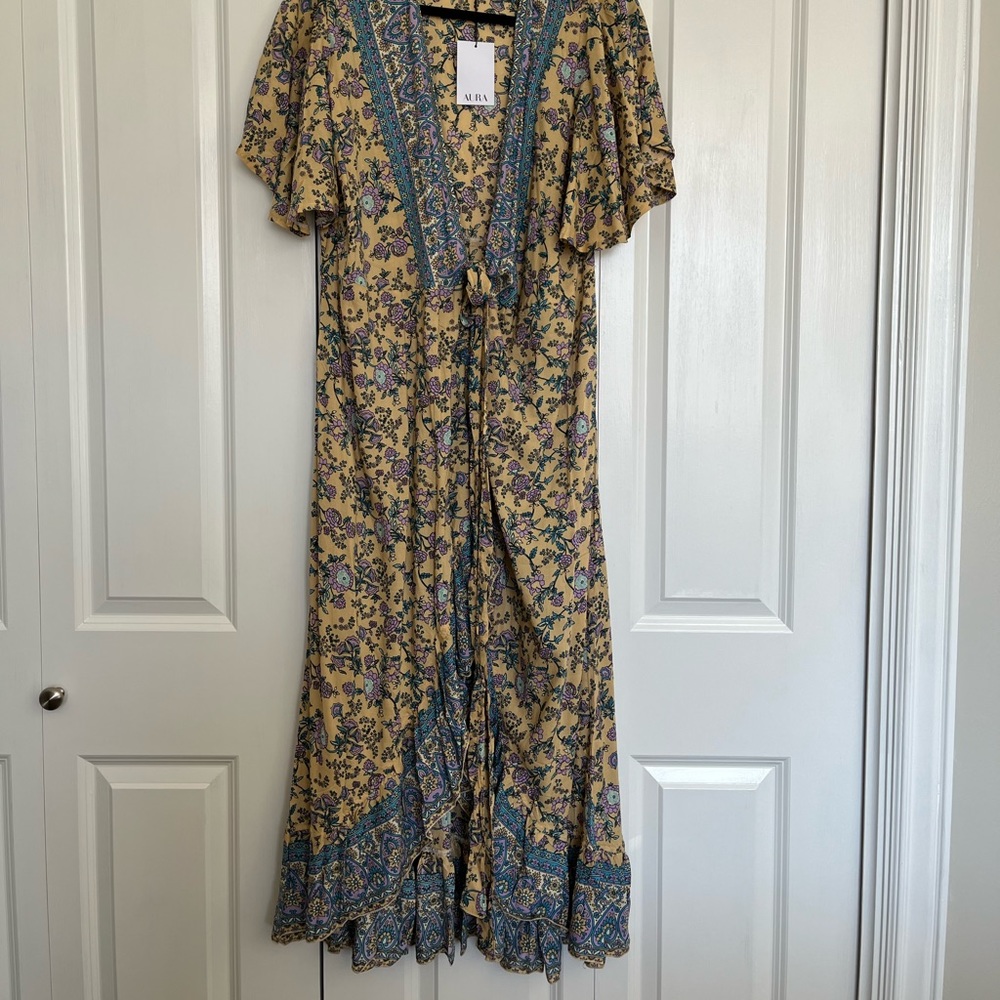 NWT AURA Wrap Maxi Dress Yellow/Blue/Purple Flowers
